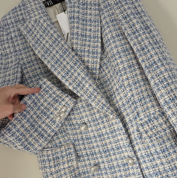 ZARA WOMAN NEW TEXTURED PLAID BLAZER DOUBLE BREASTED WHITE BLUE 8415/107 S - Picture 9 of 11